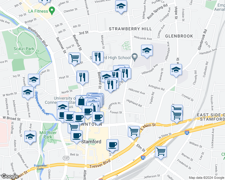map of restaurants, bars, coffee shops, grocery stores, and more near 123 Hoyt Street in Stamford