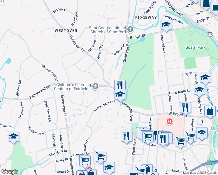 map of restaurants, bars, coffee shops, grocery stores, and more near 37 Palmer Hill Road in Stamford