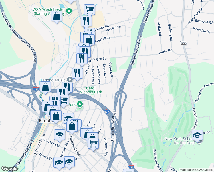 map of restaurants, bars, coffee shops, grocery stores, and more near 35 White Plains Avenue in Elmsford