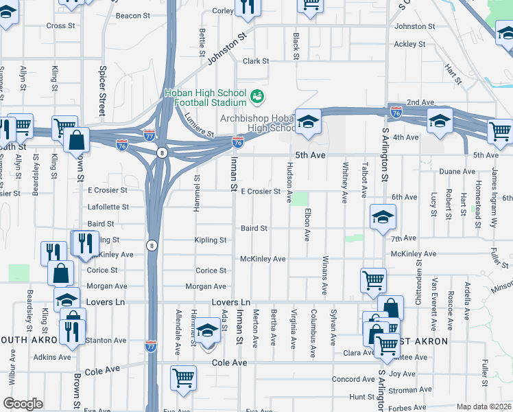 map of restaurants, bars, coffee shops, grocery stores, and more near 824 East Crosier Street in Akron