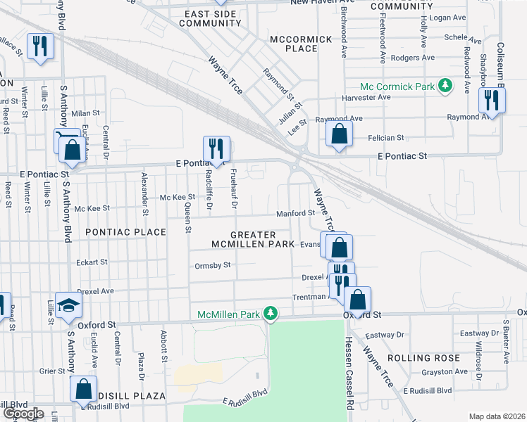 map of restaurants, bars, coffee shops, grocery stores, and more near 2823 Knode Court in Fort Wayne