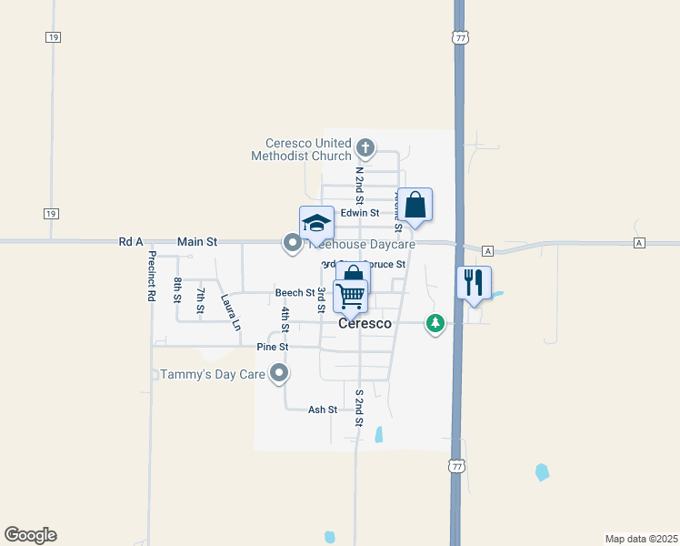 map of restaurants, bars, coffee shops, grocery stores, and more near 300 Beech Street in Ceresco