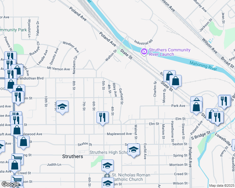 map of restaurants, bars, coffee shops, grocery stores, and more near 440 Garfield Street in Struthers
