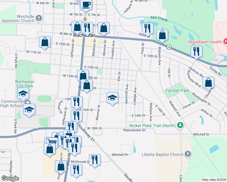 map of restaurants, bars, coffee shops, grocery stores, and more near 1350-1398 Franklin Street in Rochester