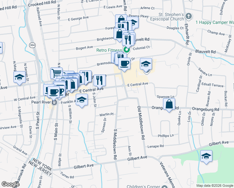 map of restaurants, bars, coffee shops, grocery stores, and more near 14 South Henry Street in Pearl River