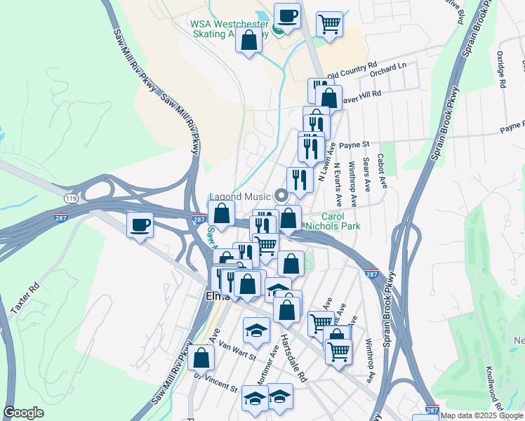 map of restaurants, bars, coffee shops, grocery stores, and more near 38 Hayes Street in Elmsford