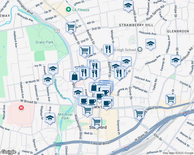 map of restaurants, bars, coffee shops, grocery stores, and more near 833 Summer Street in Stamford