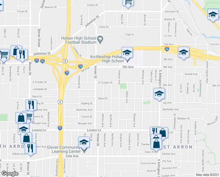 map of restaurants, bars, coffee shops, grocery stores, and more near 644 Bertha Avenue in Akron