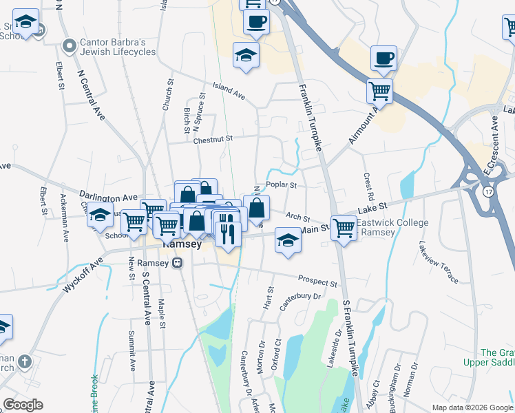 map of restaurants, bars, coffee shops, grocery stores, and more near 93 Carol Street in Ramsey