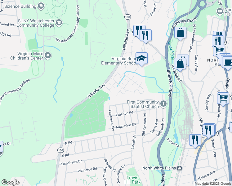 map of restaurants, bars, coffee shops, grocery stores, and more near 24 Camelot Court in Westchester County