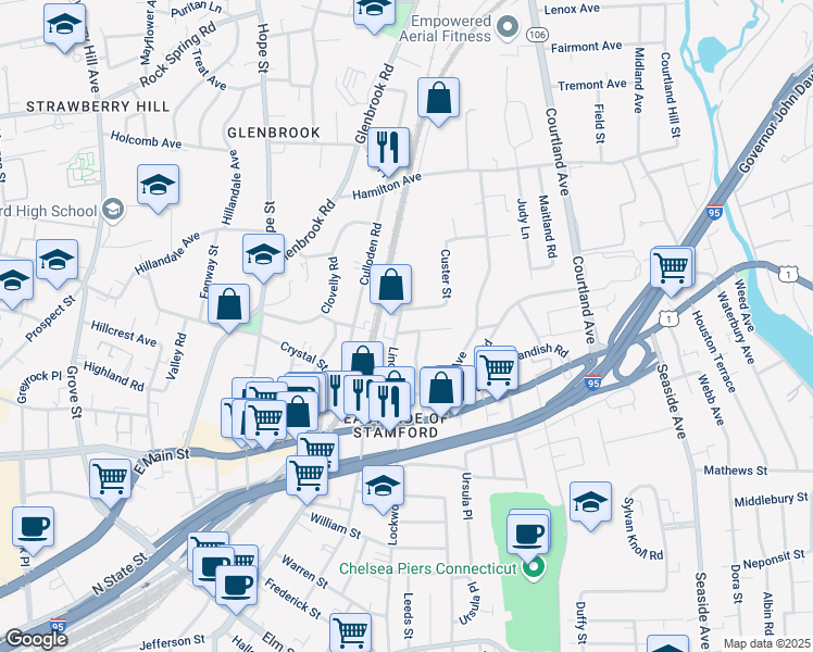 map of restaurants, bars, coffee shops, grocery stores, and more near 95 Lincoln Avenue in Stamford