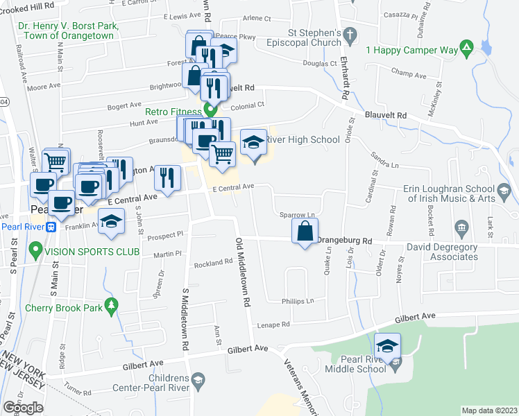 map of restaurants, bars, coffee shops, grocery stores, and more near 15 Mountain View Avenue in Pearl River