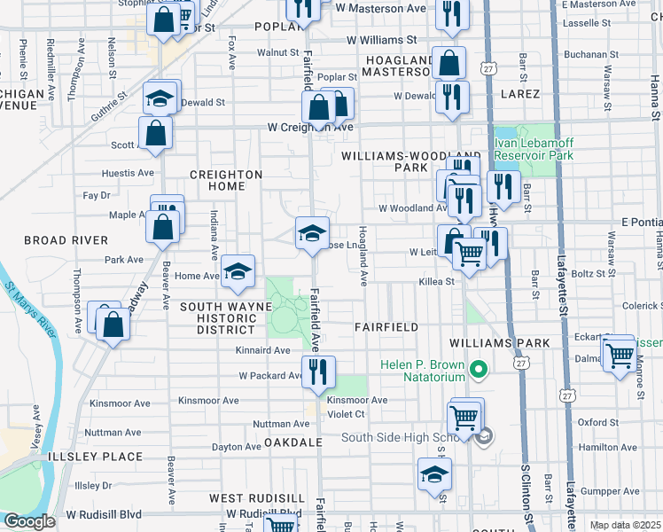 map of restaurants, bars, coffee shops, grocery stores, and more near 2825 Fairfield Avenue in Fort Wayne