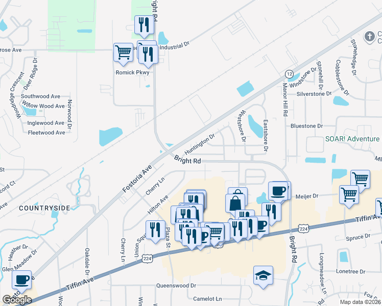 map of restaurants, bars, coffee shops, grocery stores, and more near 1860 Huntington Drive in Findlay