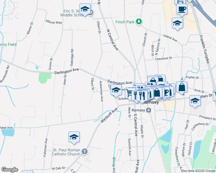 map of restaurants, bars, coffee shops, grocery stores, and more near 79 Cherry Lane in Ramsey