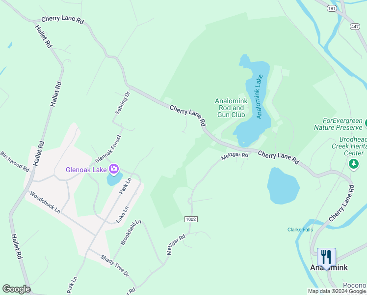 map of restaurants, bars, coffee shops, grocery stores, and more near 119 Cherry Wood Court in East Stroudsburg