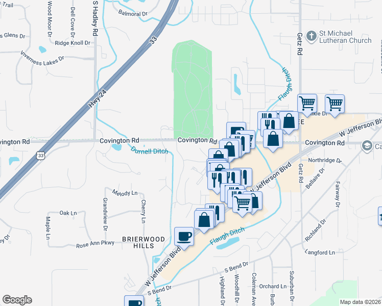 map of restaurants, bars, coffee shops, grocery stores, and more near 6601-6859 Covington Road in Fort Wayne