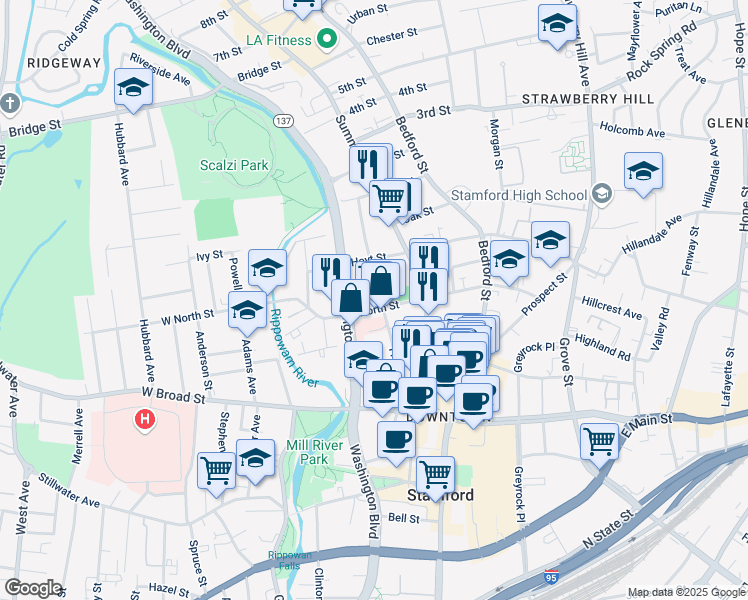 map of restaurants, bars, coffee shops, grocery stores, and more near 141 Franklin Street in Stamford