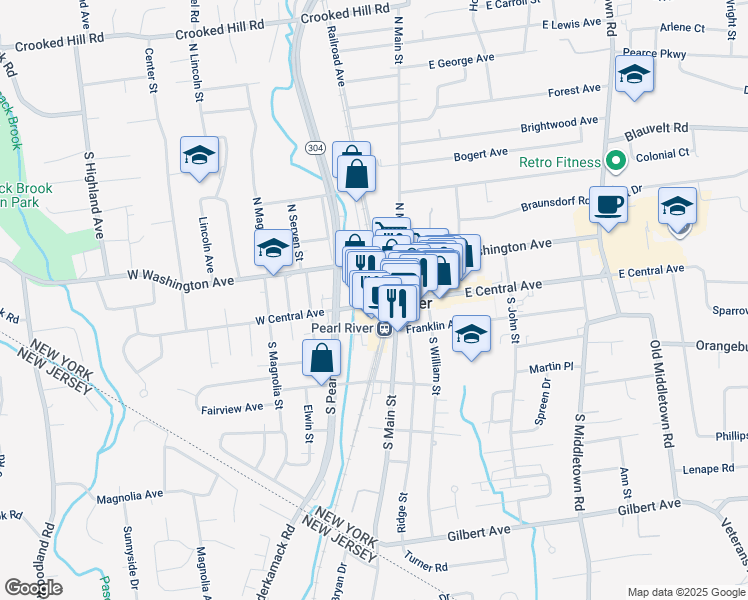 map of restaurants, bars, coffee shops, grocery stores, and more near 25 West Central Avenue in Pearl River