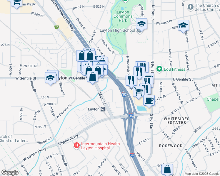 map of restaurants, bars, coffee shops, grocery stores, and more near 69 South Main Street in Layton