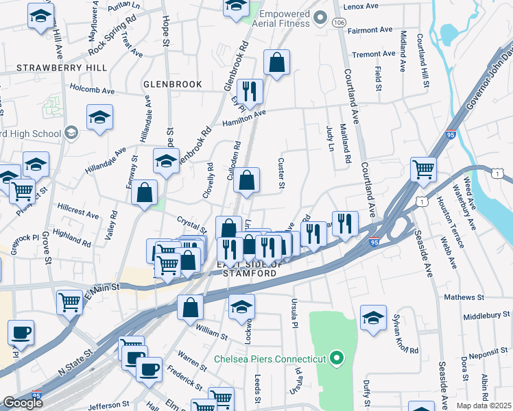 map of restaurants, bars, coffee shops, grocery stores, and more near 95 Lincoln Avenue in Stamford