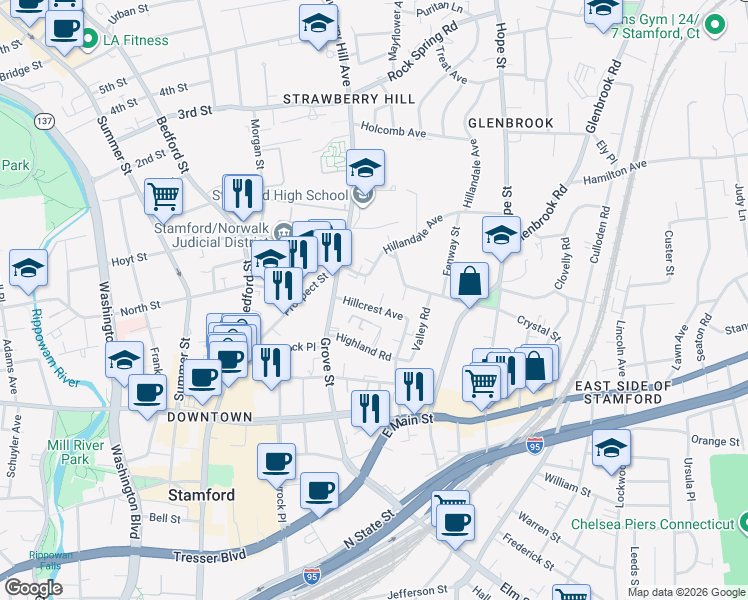 map of restaurants, bars, coffee shops, grocery stores, and more near 48 Hillcrest Avenue in Stamford