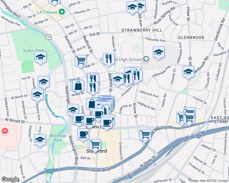 map of restaurants, bars, coffee shops, grocery stores, and more near in Stamford