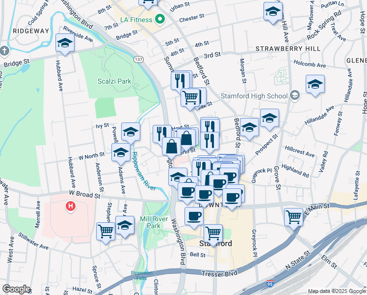 map of restaurants, bars, coffee shops, grocery stores, and more near 141 Franklin Street in Stamford