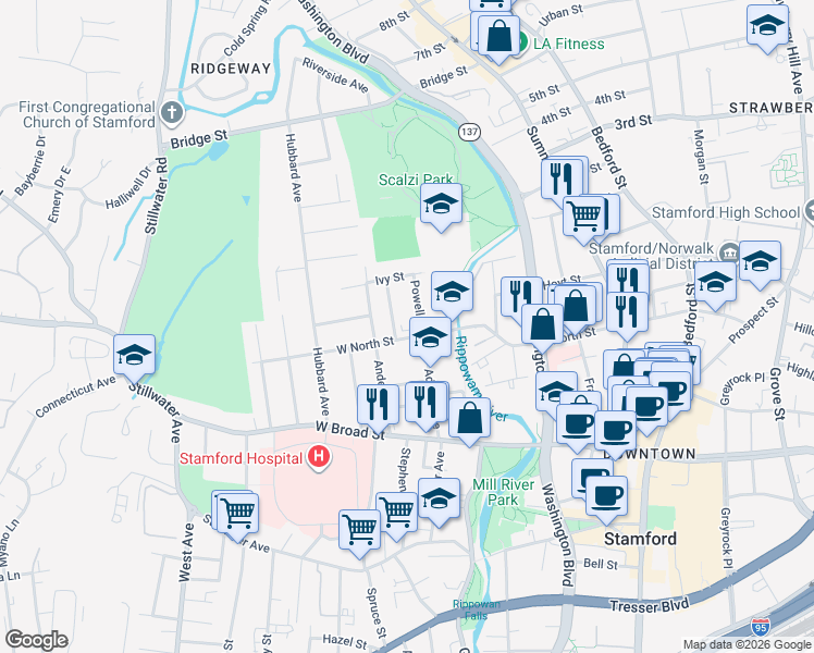 map of restaurants, bars, coffee shops, grocery stores, and more near 18 Powell Place in Stamford