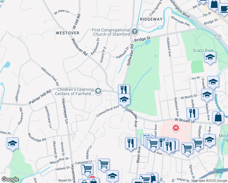 map of restaurants, bars, coffee shops, grocery stores, and more near 37 Palmer Hill Road in Stamford