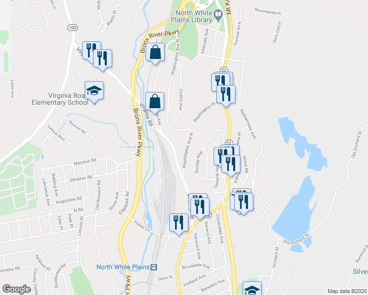 map of restaurants, bars, coffee shops, grocery stores, and more near 35 Washington Avenue North in White Plains