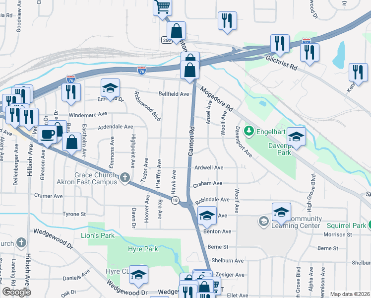 map of restaurants, bars, coffee shops, grocery stores, and more near 145 Ohio 91 in Akron
