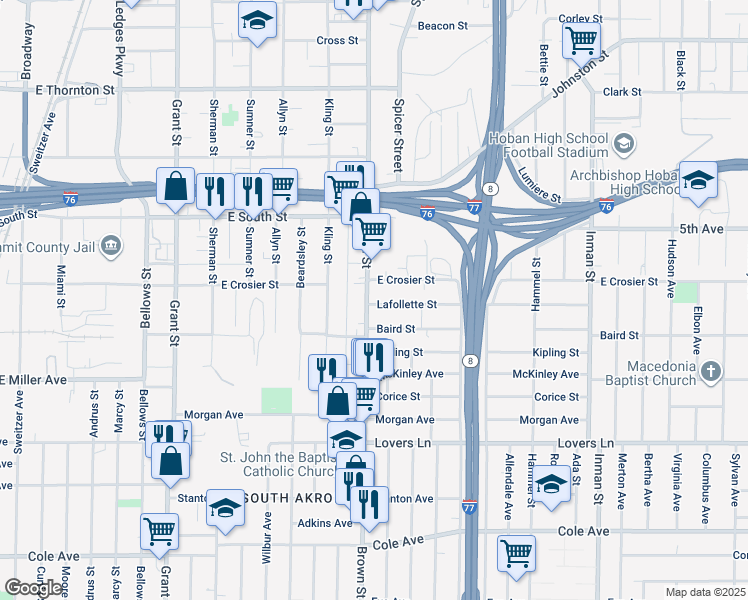 map of restaurants, bars, coffee shops, grocery stores, and more near 820 Brown Street in Akron