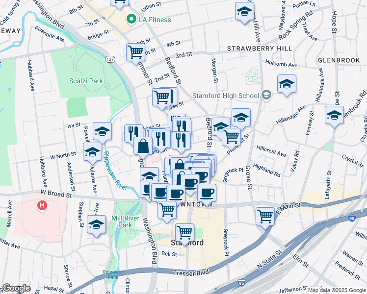 map of restaurants, bars, coffee shops, grocery stores, and more near 833 Summer Street in Stamford