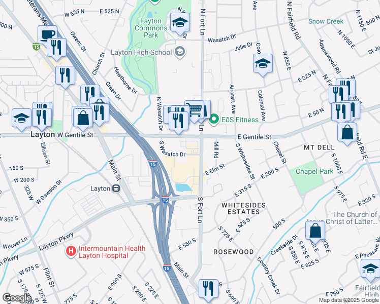 map of restaurants, bars, coffee shops, grocery stores, and more near 414 E Gentile St in Layton