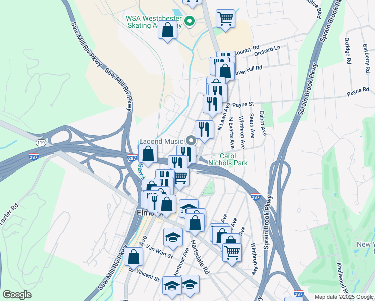 map of restaurants, bars, coffee shops, grocery stores, and more near 1 Haven Street in Elmsford
