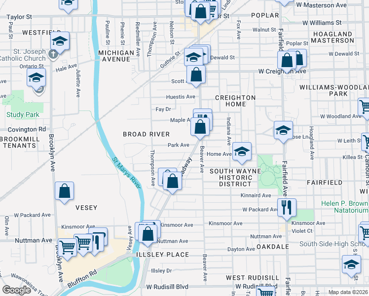 map of restaurants, bars, coffee shops, grocery stores, and more near 1204 Park Avenue in Fort Wayne