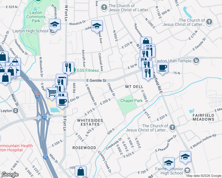 map of restaurants, bars, coffee shops, grocery stores, and more near 748 East Elm Street South in Layton