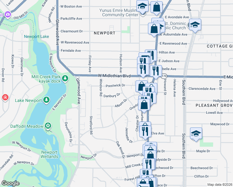 map of restaurants, bars, coffee shops, grocery stores, and more near 4012 Hudson Drive in Youngstown