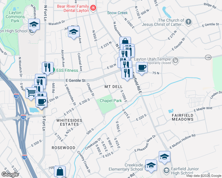 map of restaurants, bars, coffee shops, grocery stores, and more near 139 South Talbot Drive in Layton