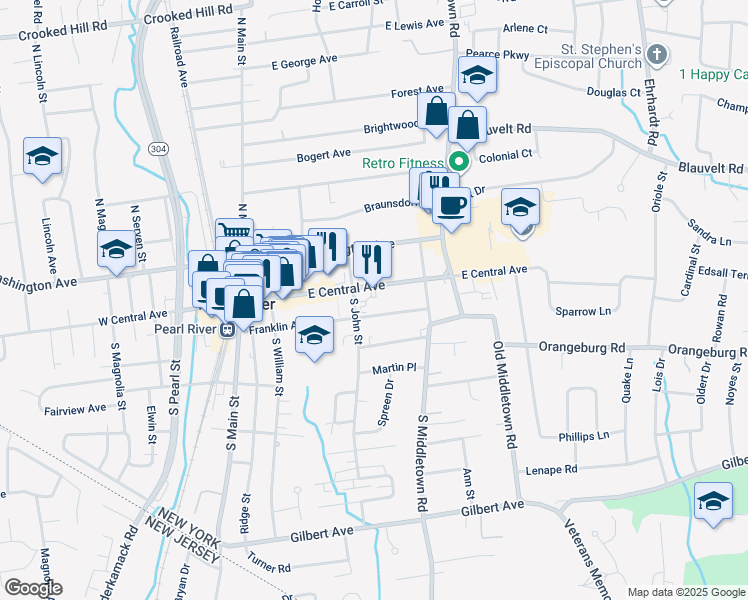 map of restaurants, bars, coffee shops, grocery stores, and more near 130 East Central Avenue in Pearl River