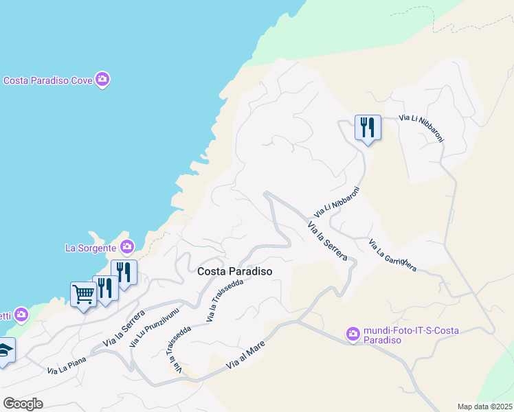 map of restaurants, bars, coffee shops, grocery stores, and more near 9 Via Lu Ciuoni in Costa Paradiso