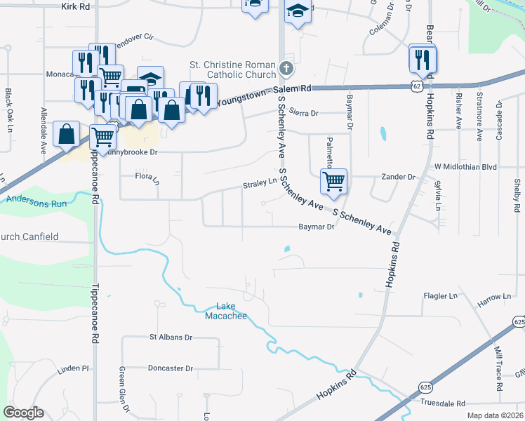 map of restaurants, bars, coffee shops, grocery stores, and more near 64 Mary Ann Lane in Youngstown