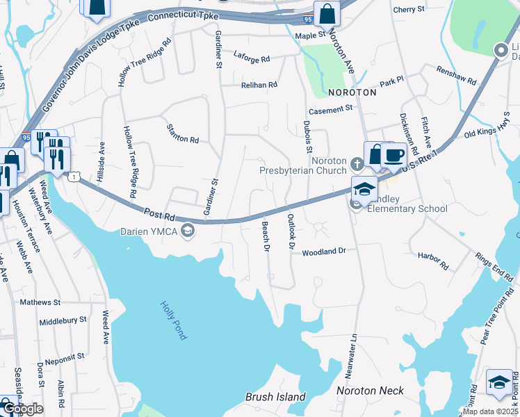 map of restaurants, bars, coffee shops, grocery stores, and more near 2273 Boston Post Road in Darien