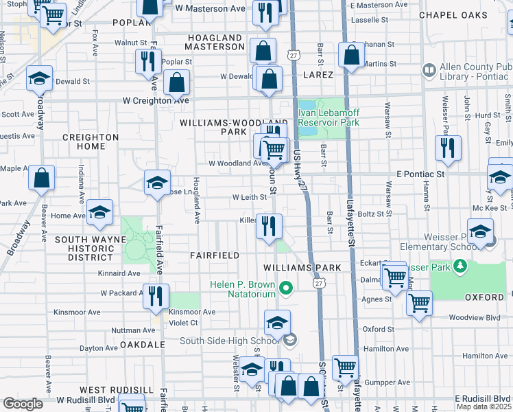 map of restaurants, bars, coffee shops, grocery stores, and more near 2815 Harrison Street in Fort Wayne