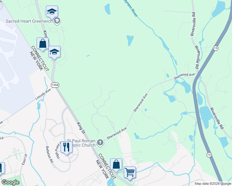 map of restaurants, bars, coffee shops, grocery stores, and more near 8 Sherwood Avenue in Greenwich
