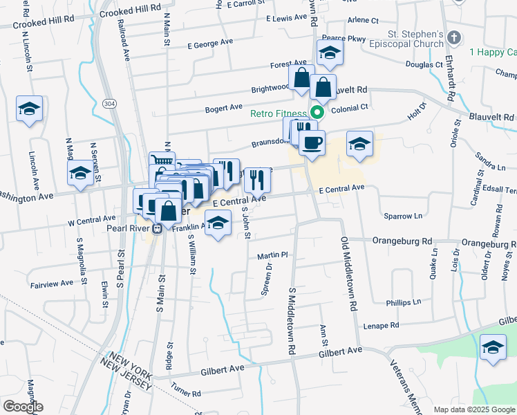 map of restaurants, bars, coffee shops, grocery stores, and more near 130 East Central Avenue in Pearl River