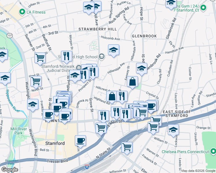 map of restaurants, bars, coffee shops, grocery stores, and more near 48 Hillcrest Avenue in Stamford
