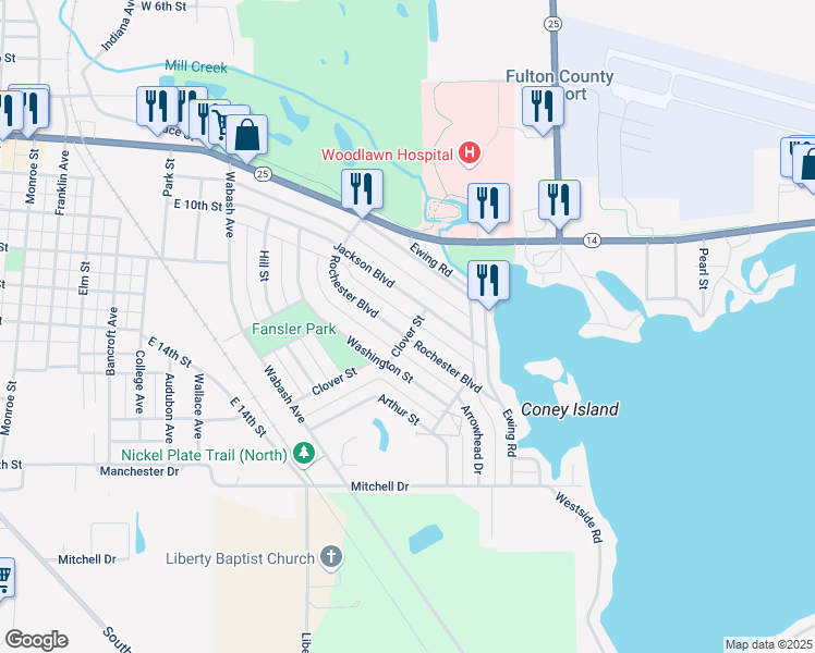 map of restaurants, bars, coffee shops, grocery stores, and more near 1125-1299 Rochester Boulevard in Rochester