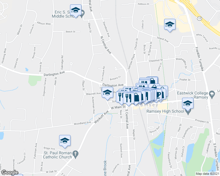 map of restaurants, bars, coffee shops, grocery stores, and more near 58 Darlington Avenue in Ramsey